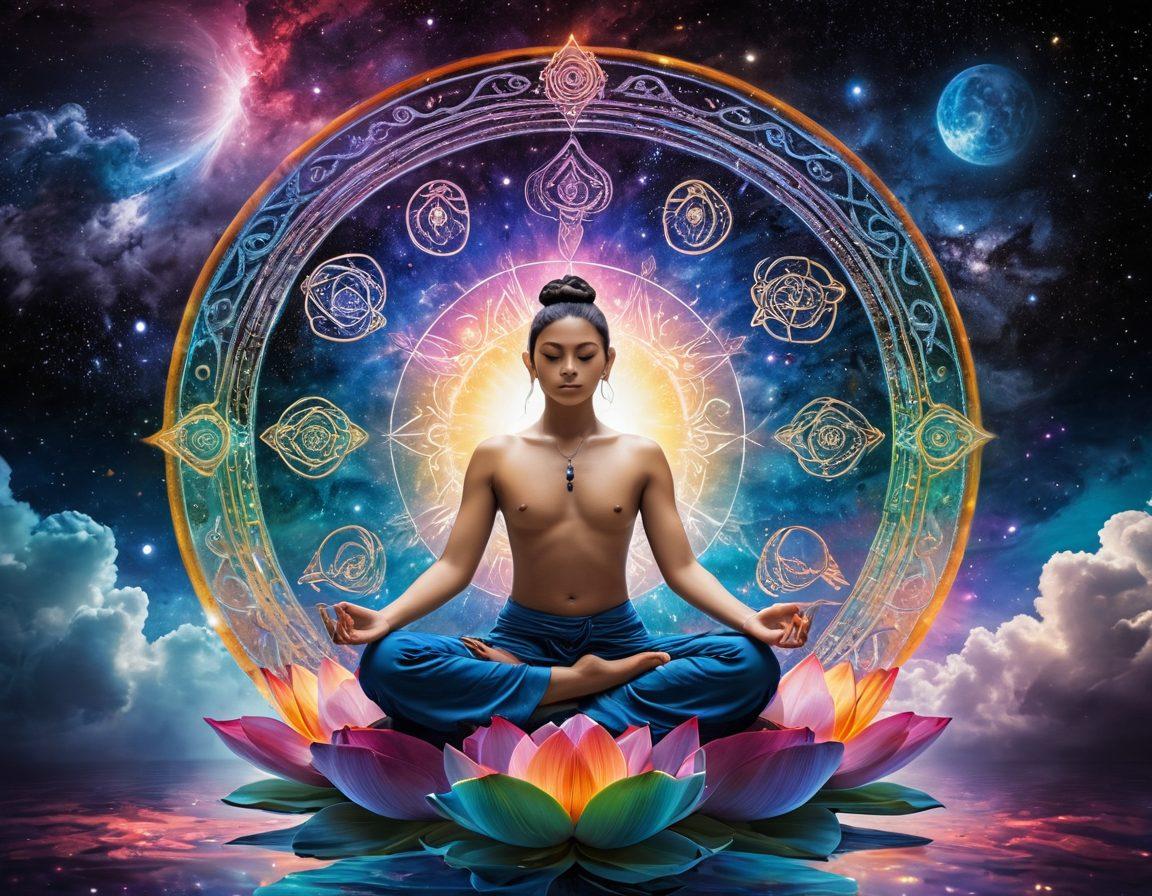 A surreal landscape featuring a vibrant blend of mystical symbols, ancient texts, and abstract representations of radical beliefs, intertwined with serene, spiritual elements like lotus flowers and gentle light. In the center, a figure meditates, surrounded by swirling colors representing energy and transformation. The background showcases a cosmic sky merging with earthly elements, embodying the fusion of the esoteric and spirituality. super-realistic. vibrant colors. cosmic theme.