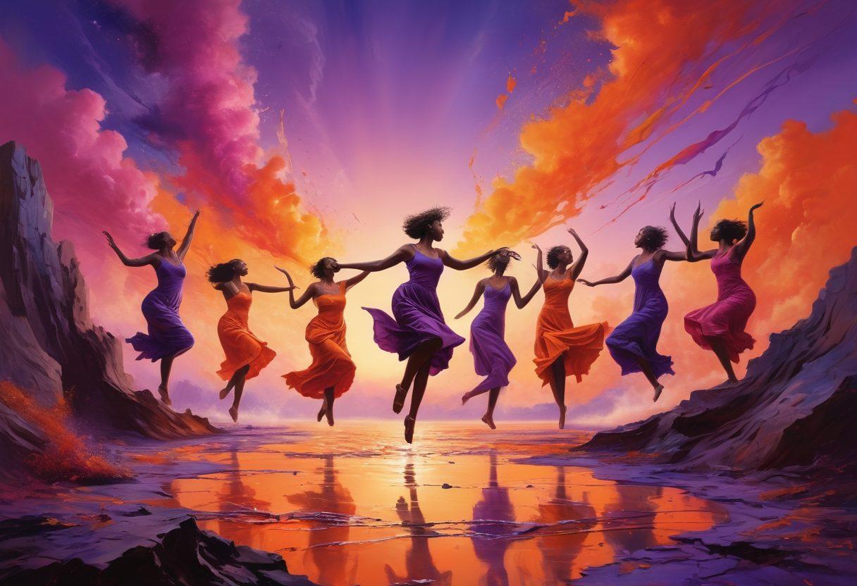 A vivid scene of diverse individuals joyfully dancing on the edge of a chaotic abyss, surrounded by swirling colors and abstract shapes representing freedom and individuality. Each dancer expresses unique styles, adorned in eclectic fashion, while the chaos below symbolizes societal norms breaking apart. The sky is painted in bright hues of orange and purple, evoking a sense of liberation and spirited energy. surrealism. vibrant colors. dynamic composition.