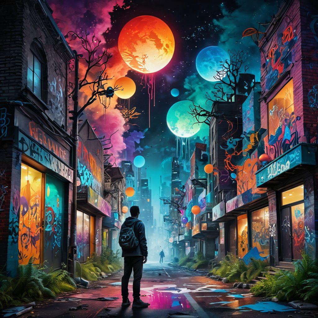 A surreal landscape blending elements of rebellion and mysticism: a vibrant cityscape with graffiti art depicting freedom symbols, contrasted against an ethereal forest filled with glowing orbs and mystical creatures. A lone figure stands at the intersection, embracing both worlds, surrounded by swirling colors and abstract shapes symbolizing individual spirit. Elements of nature merging with urban art create a sense of harmony in chaos. digital painting. vibrant colors. surrealism.